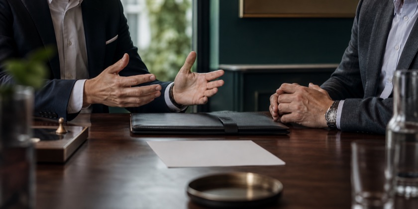 Two advisors in a private meeting beside a closed portfolio