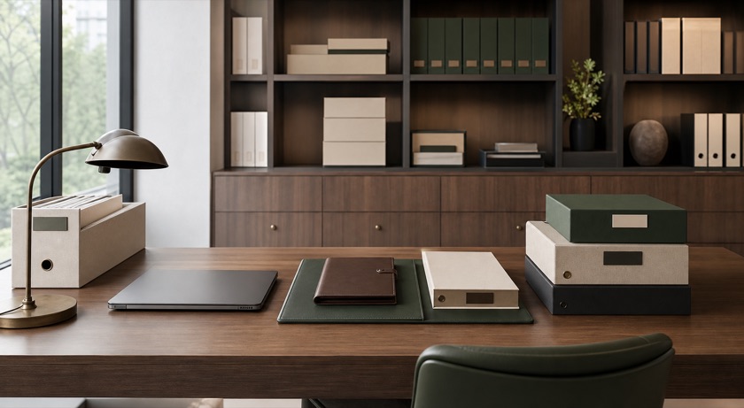 An orderly private-office workspace with files and portfolios