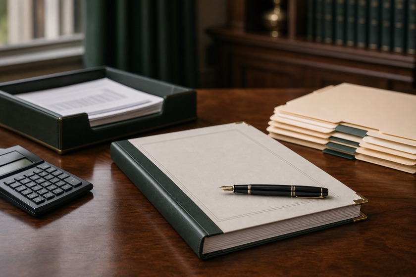 A carefully prepared reporting portfolio and calculator on a desk